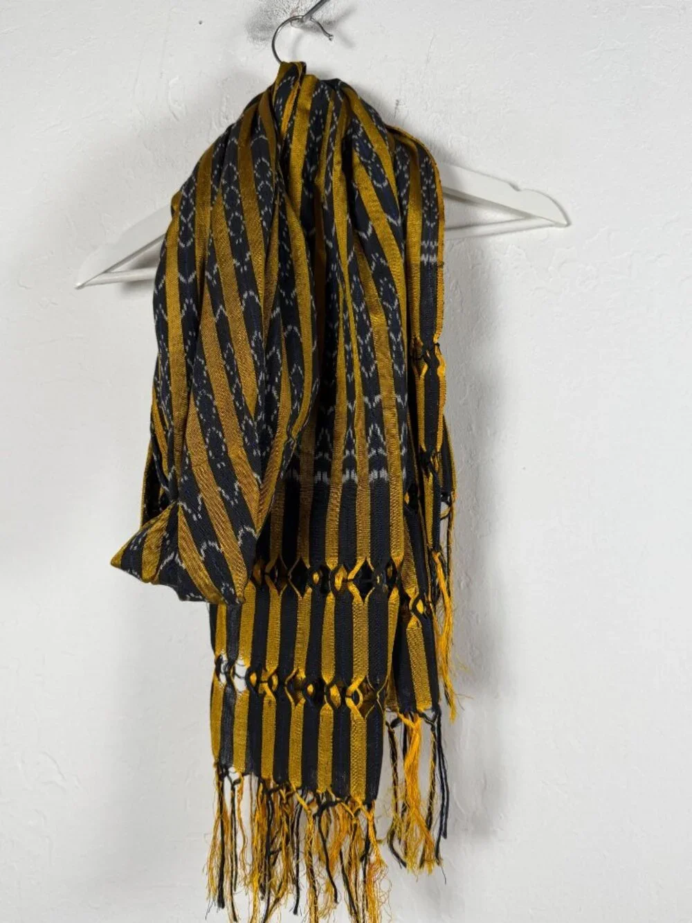 Handwoven Yellow Black Striped Scarf With Fringe 84